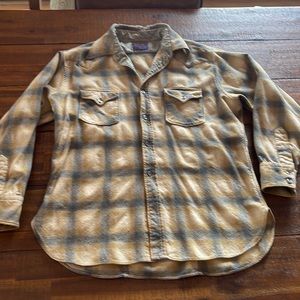 Men’s Vintage Pendleton Grey & Tan Shadow Plaid Wool Board Shirt-XL